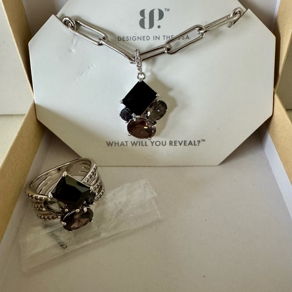 Bomb Party Necklace and Ring Set with Black and Smoky Stones